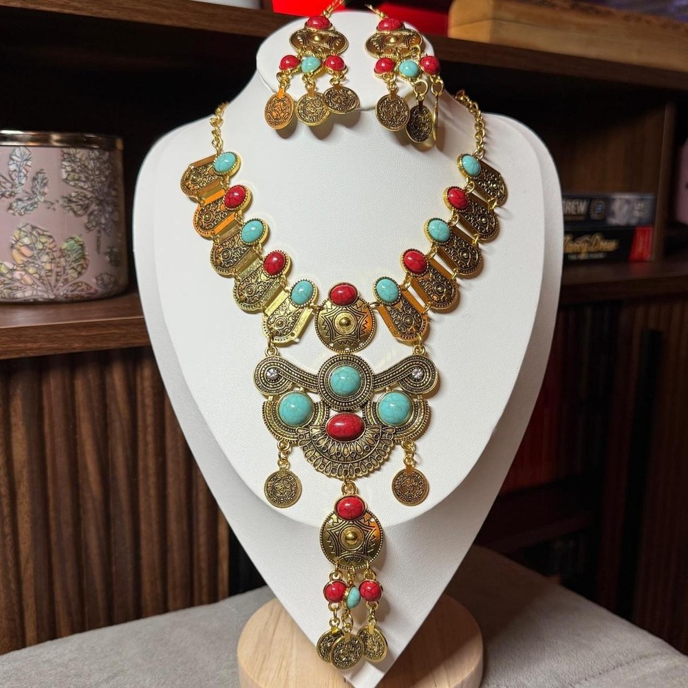 Y2K Boho Statement Necklace & Earrings Set Turquoise Red Gold Medallion